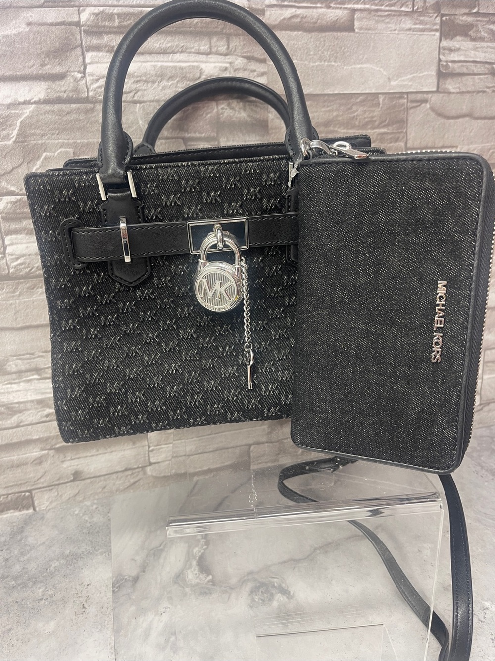 Michael Kors Hamilton Small Black Denim Logo Satchel & Matching Wallet - Picture 14 of 15
